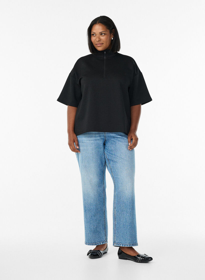 Sweatshirt met korte mouwen en een hoge kraag, Zwart, Model image number 1