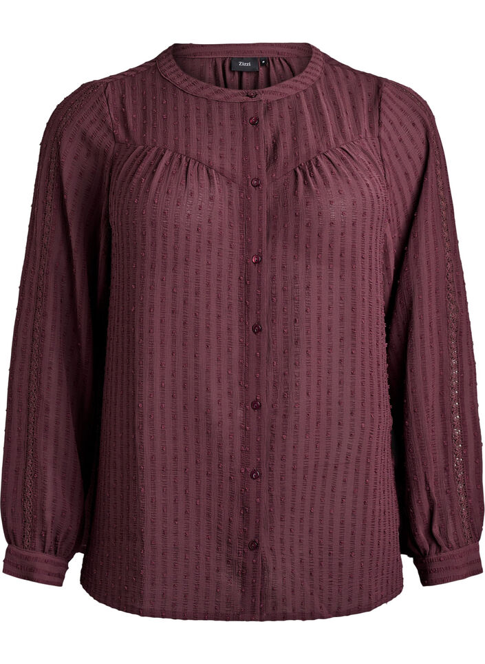 Shirt met een gestructureerd stippenpatroon en borduurdetails, Donker Bordeaux, Packshot