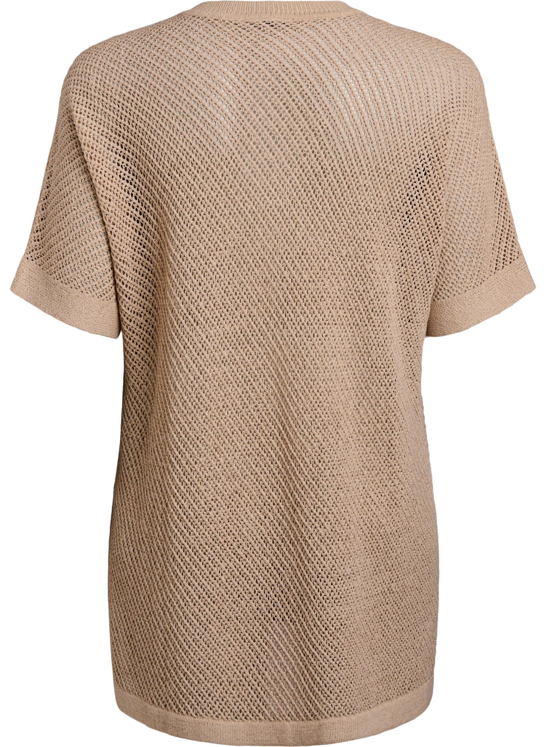 ZizziFLASH - Gebreide blouse met korte mouwen en V-hals, Beige, Packshot image number 1