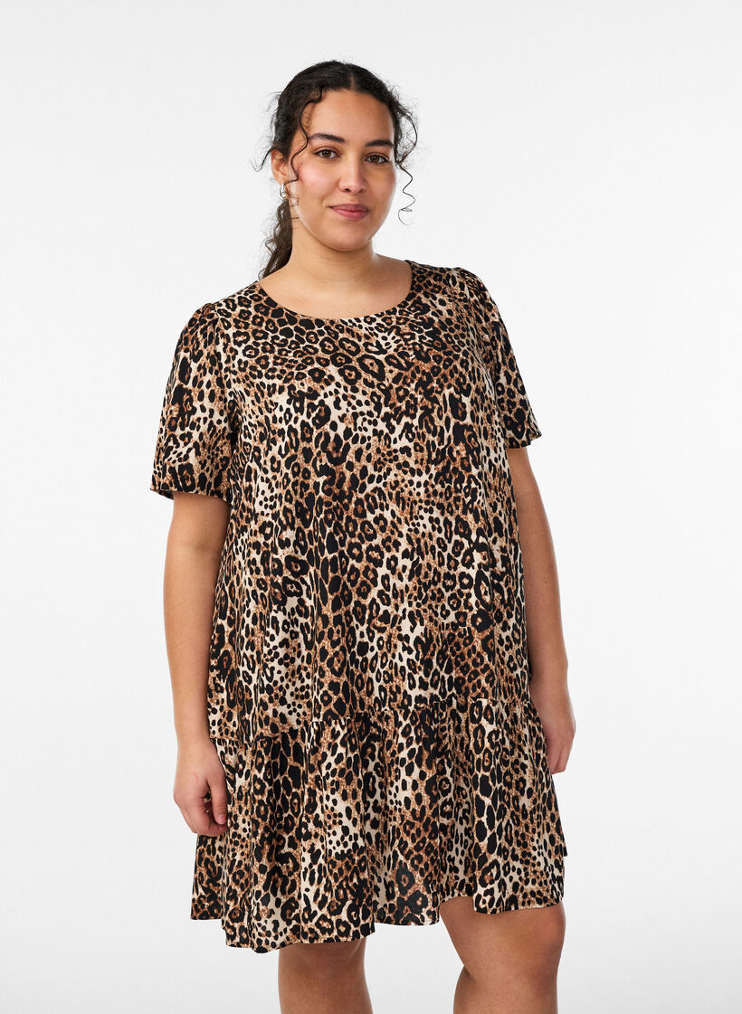 Viscose jurk met snijlijn, Bruin, Model image number 0