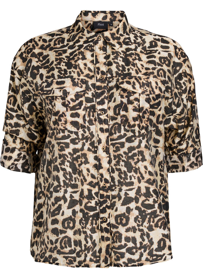 Los shirt met dierenprint en borstzakken, Bruin, Packshot image number 0