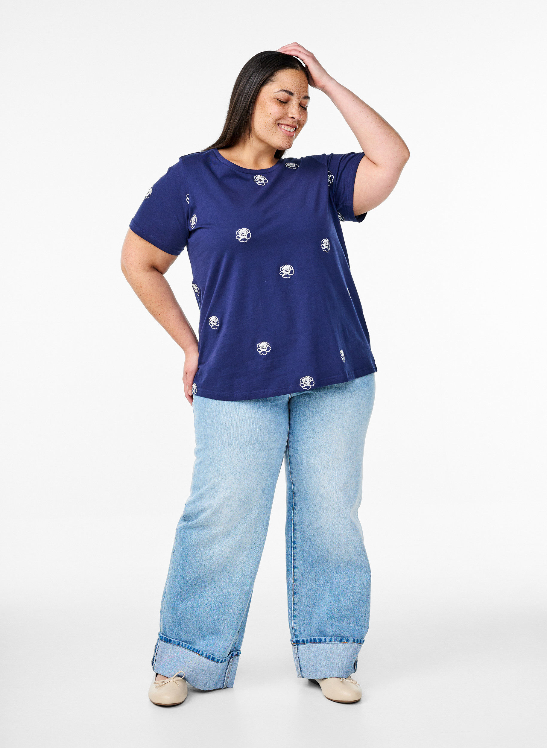 ZizziT-shirt in biologisch katoen met geborduurde motieven, Blauw, Model image number 1