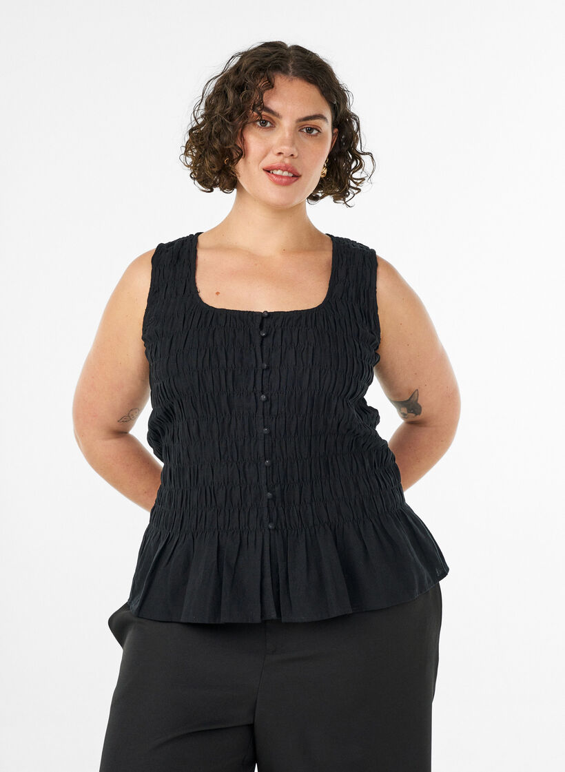 Mouwloze top van katoen en linnen met smock, Zwart, Model image number 0