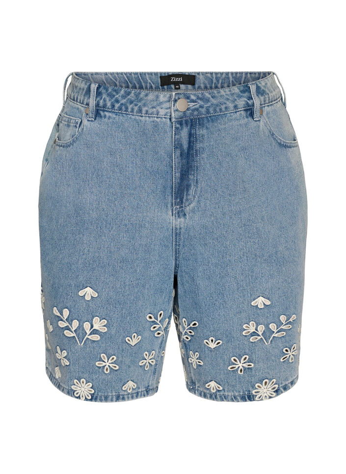 Denim shorts met broderie anglaise en hoge taille, Blauw, Packshot image number 0