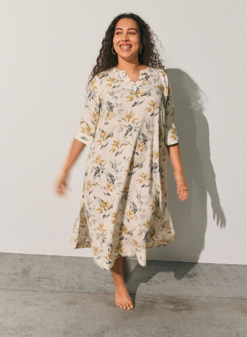 Midi-jurk in linnen en viscose met 1/2 mouwen, Wit, Image image number 0