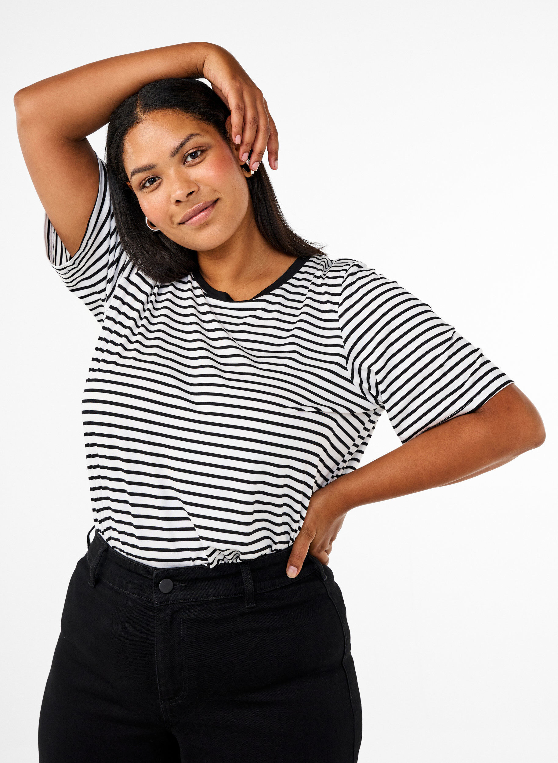 T-shirt met TENCEL&trade; Lyocell en strepen, Wit, Model