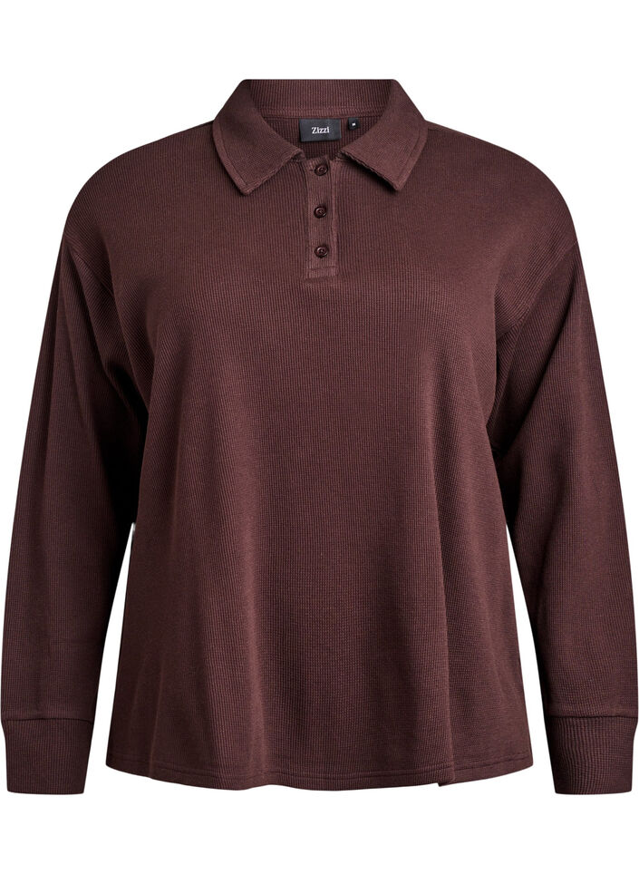 Geribde jersey poloshirt met lange mouwen, Bruin, Packshot image number 0