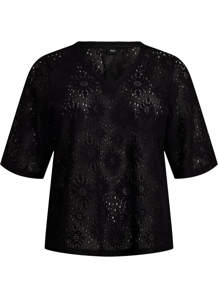 Blouse met kort mouwen en een opengewerkt patroon, Zwart, Packshot image number 0