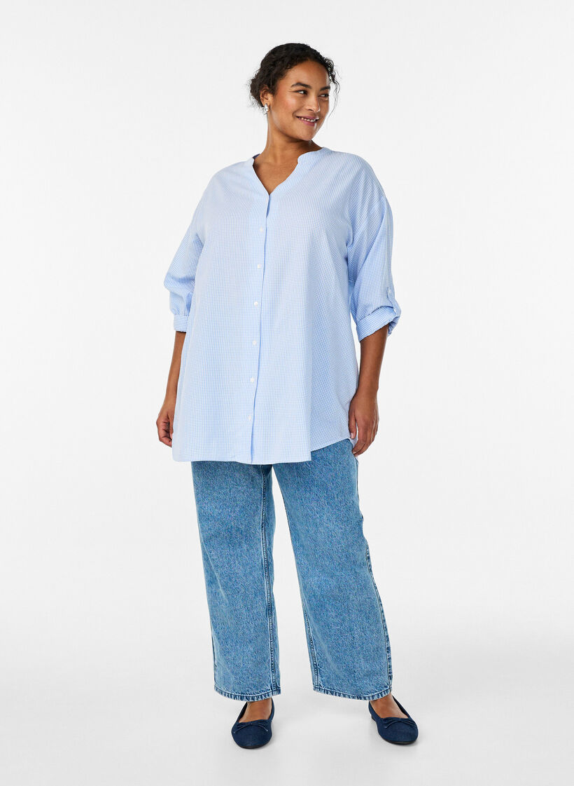Geruite tuniek met 3/4 mouwen, Blauw, Model image number 1