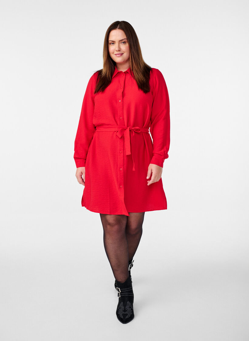 Jurk met lange mouwen en strikriem, Rood, Model image number 1