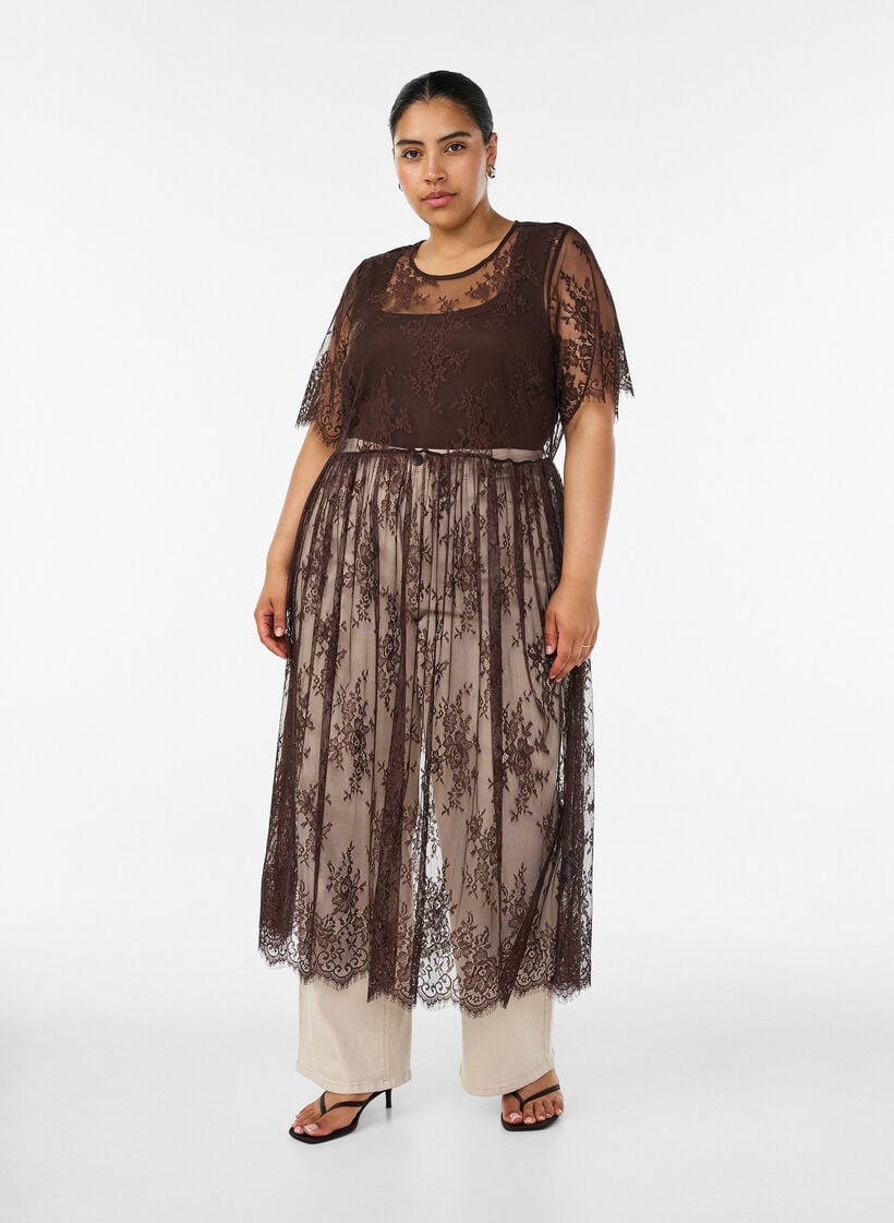 Kanten midi jurk met korte mouwen van doorschijnende kant, Bruin, Model image number 0