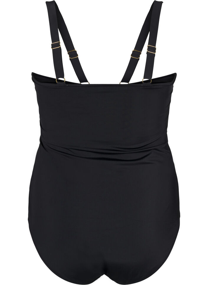 Badpak met V-detail en ruches, Zwart, Packshot image number 1