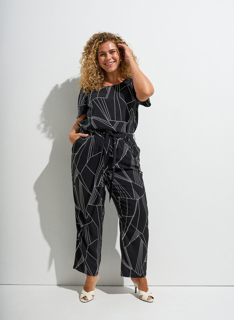 Chemisier &agrave; manches courtes en viscose avec imprim&eacute;, Noir, Image image number 0