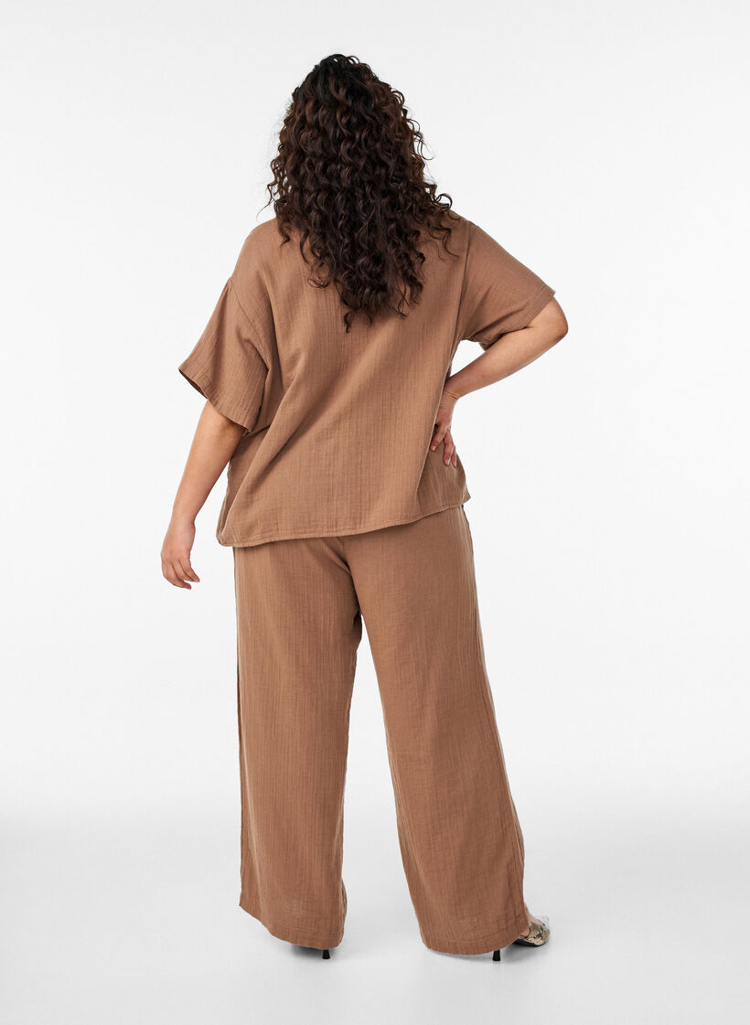 High-waist katoenen mousseline broek met losse pijpen, Bruin, Model image number 1
