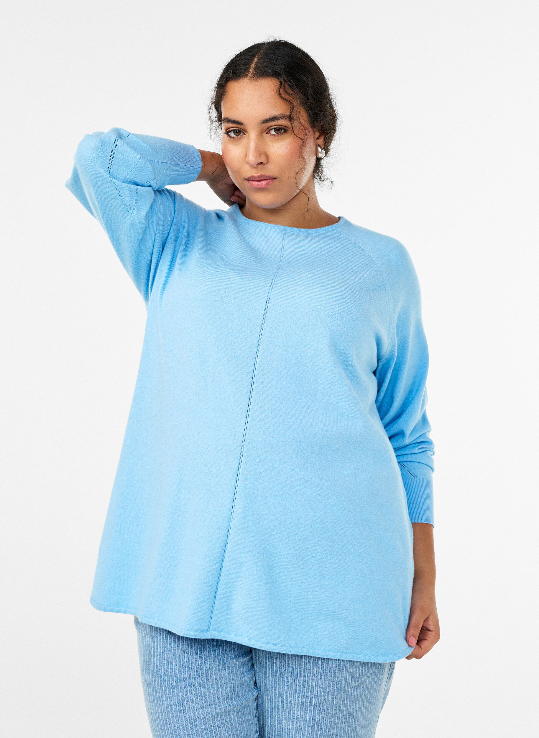 Gebreide blouse met ronde hals en gebreid patroon, Blauw, Model