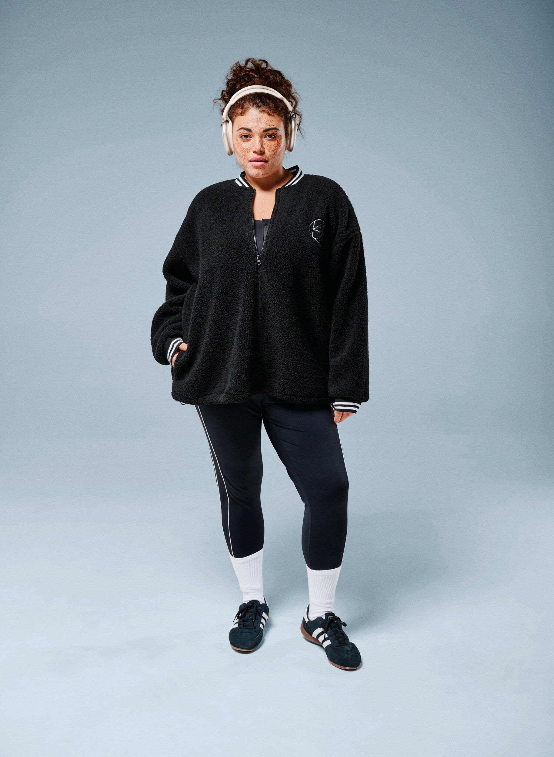 ZizziTeddyfleece jas met strependetails, Zwart, Image image number 0