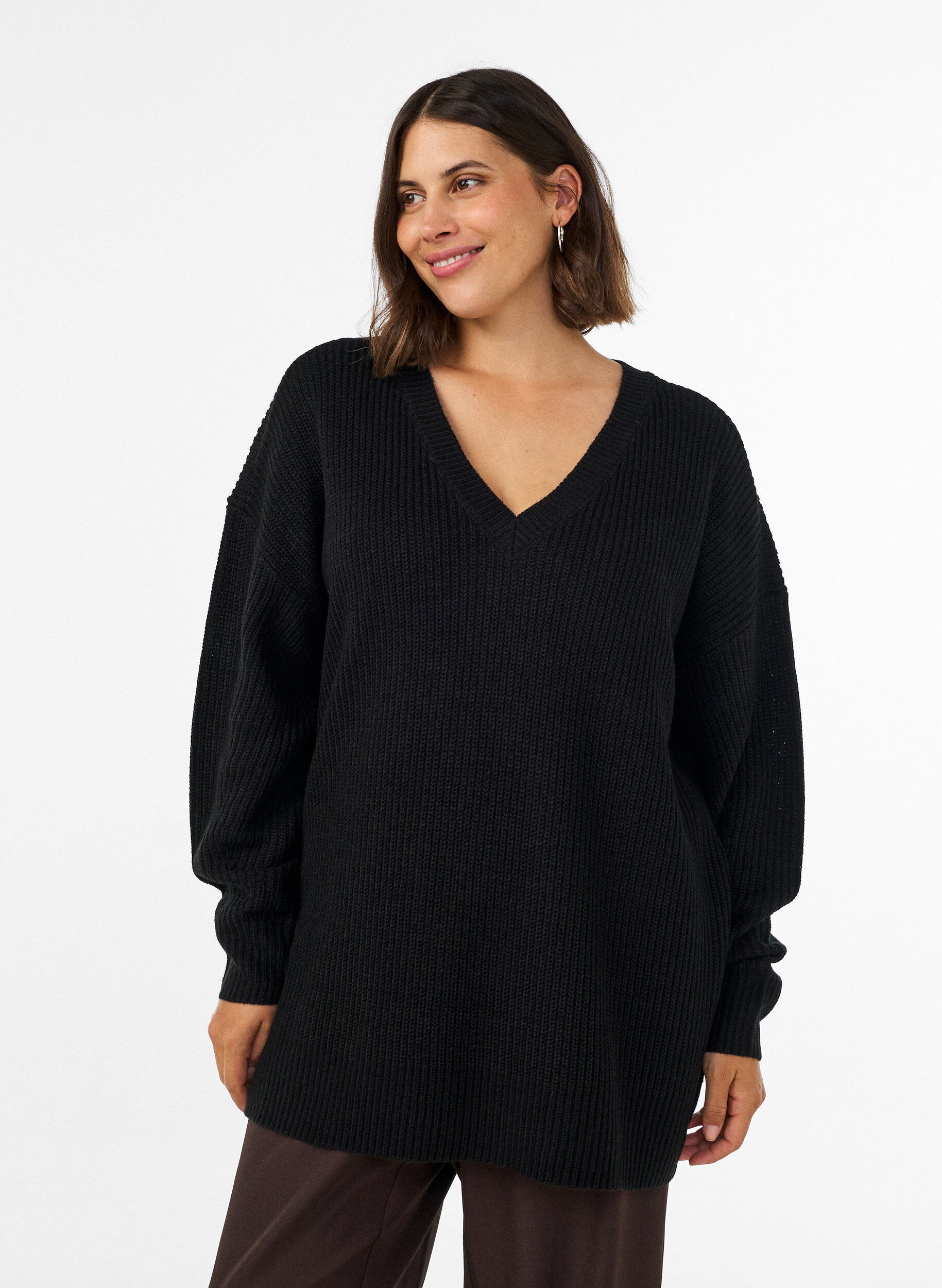 Lange ribgebreide blouse met V-hals, Zwart, Model