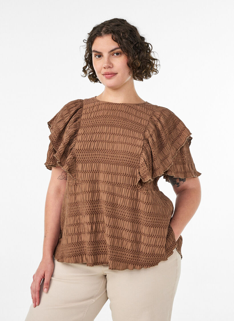 Blouse met smockstructuur en ruchesmouwen, Bruin, Model image number 0