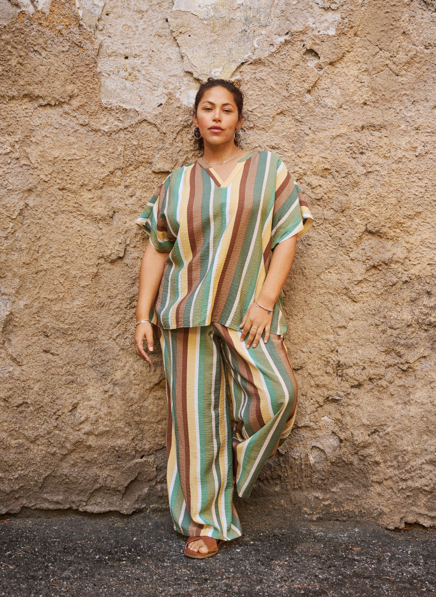 ZizziLosse viscose broek met strepen, Bruin, Image image number 0