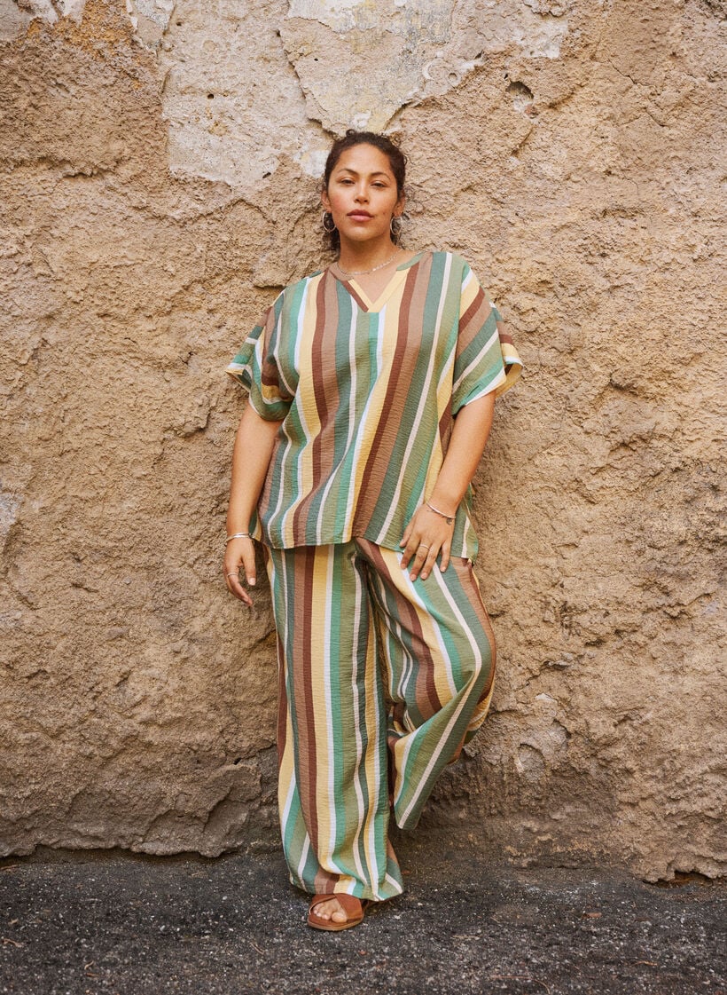 Losse viscose broek met strepen, Bruin, Image image number 0