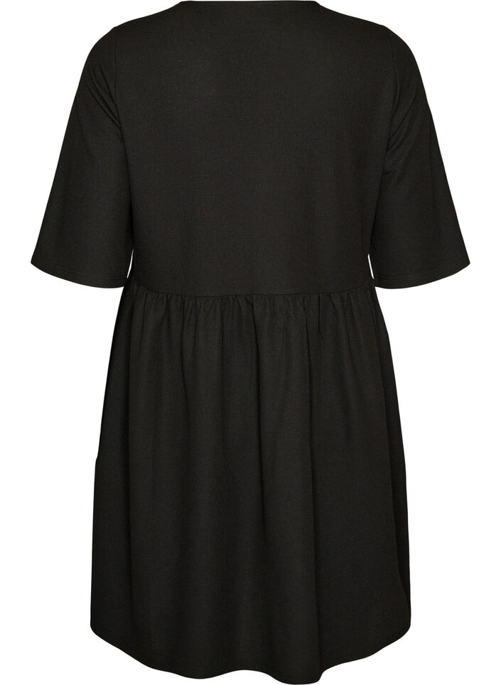 Jurk met een geribde textuur en een empirelijn, Zwart, Packshot image number 1