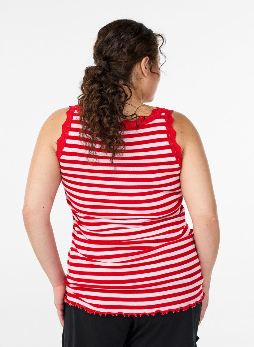 Gestreept top met een geribde textuur en een kanten randje, Roze, Model image number 2