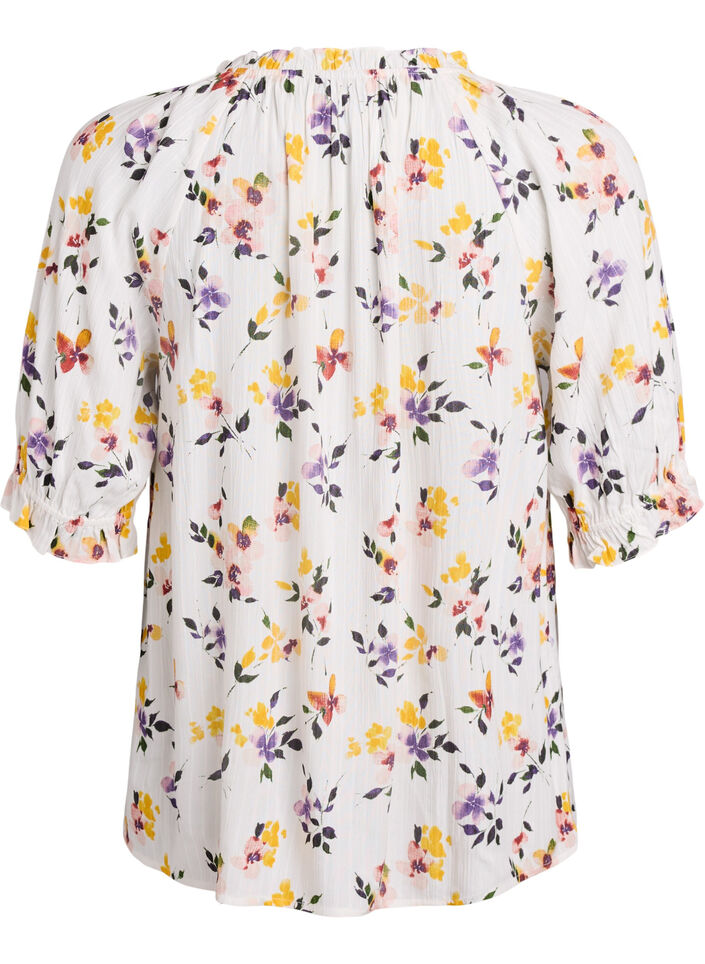 Blouse en viscose &agrave; fleurs avec manches mi-longues, Blanc, Packshot image number 1