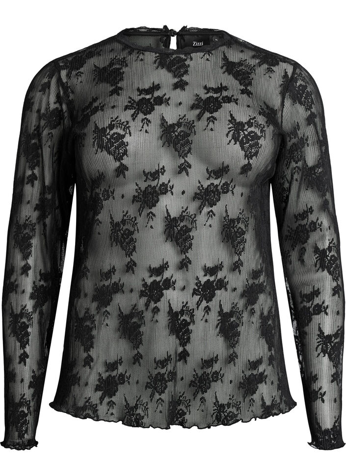 Mesh blouse met lange mouwen met kantpatroon, Zwart, Packshot