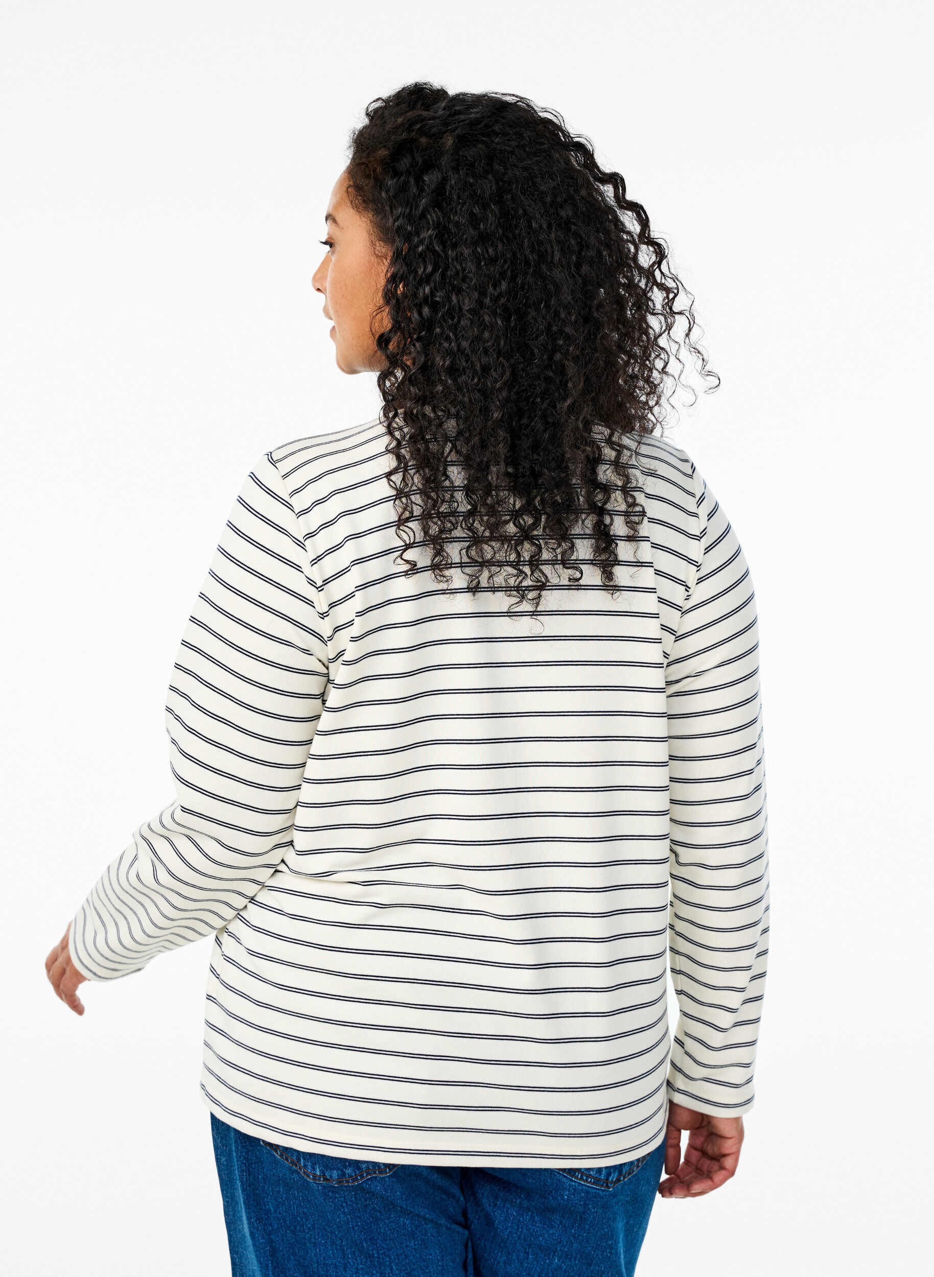 ZizziGestreept poloshirt met ritssluiting, Wit, Model image number 2