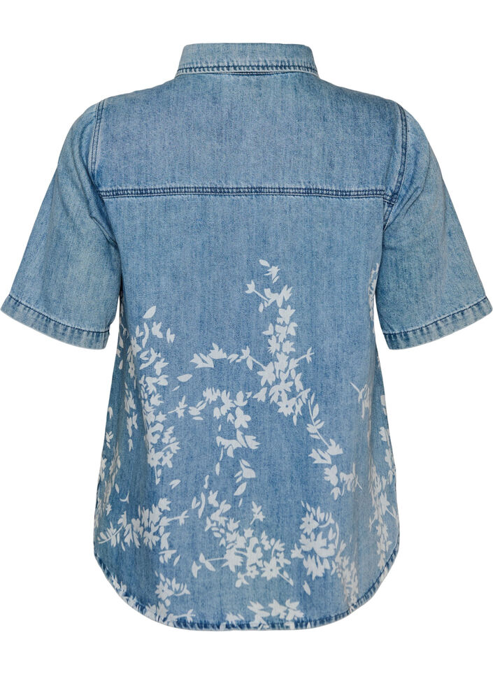 Denimshirt met bloemenprint en korte mouwen, Blauw, Packshot image number 1