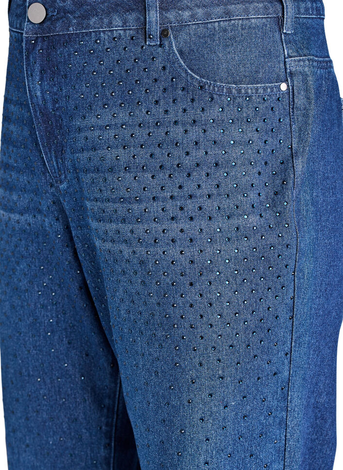 Straight-fit jeans met rhinestones en een hoge taille, Dark Blue, Packshot