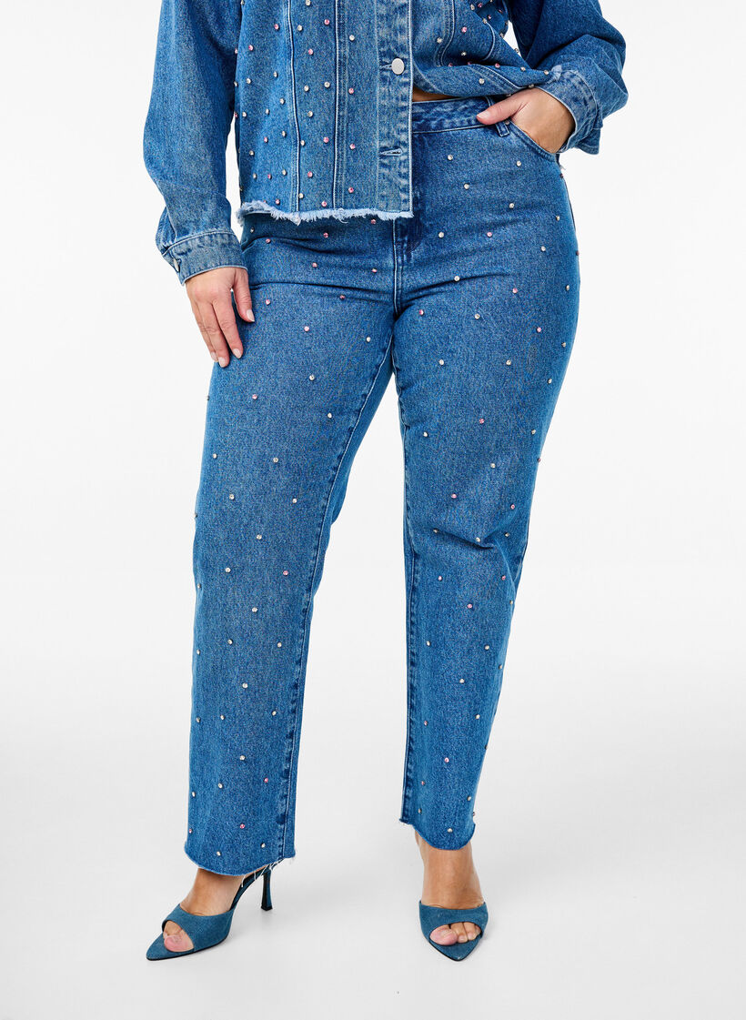 Hoog getailleerde Gemma jeans met strass-steentjes, Blue Denim, Model