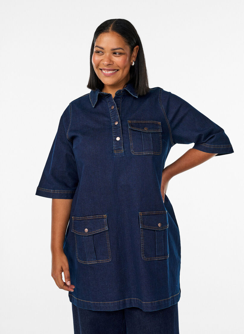 Denim jurk met grote zakken en 3/4 mouwen, Blauw, Model image number 0