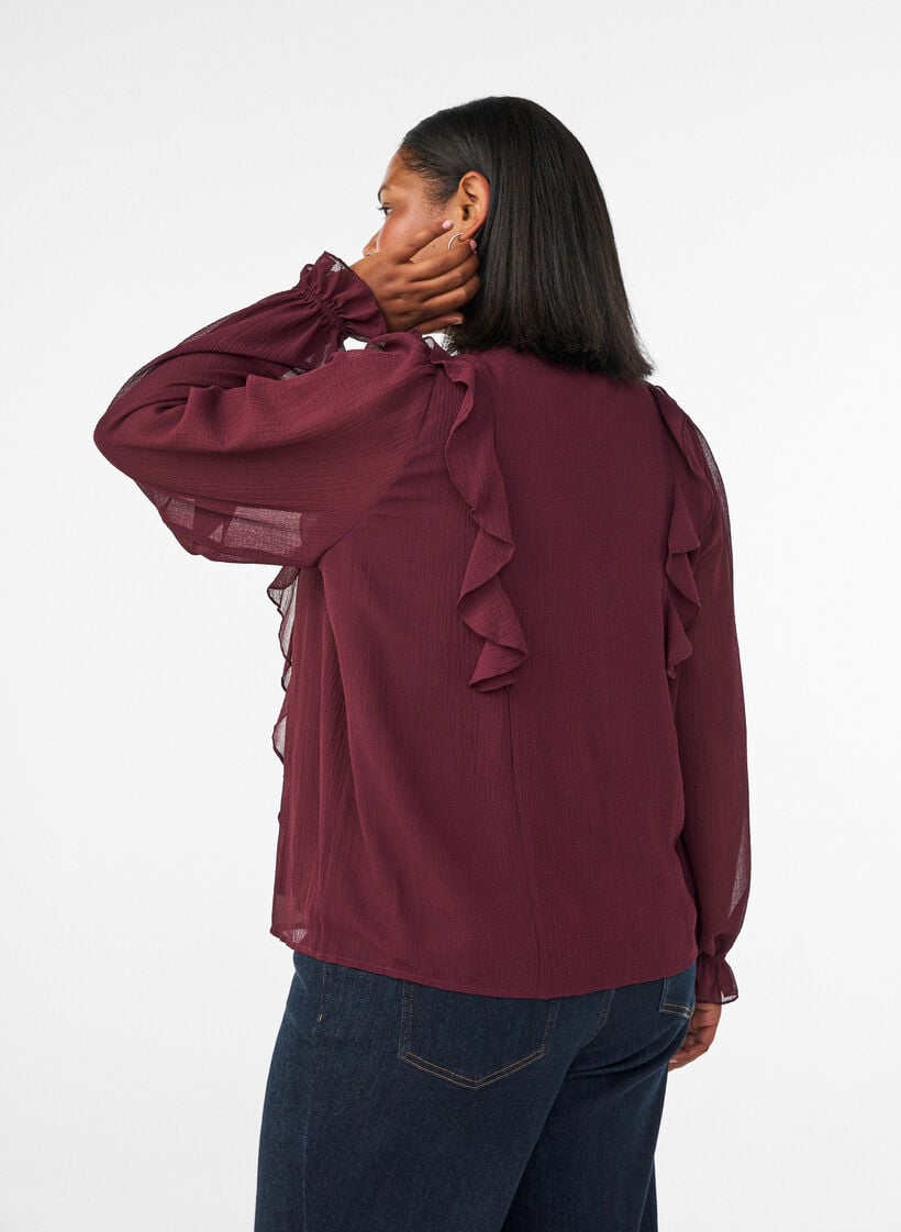 Transparante blouse met ruches en striksluiting, Rood, Model image number 2