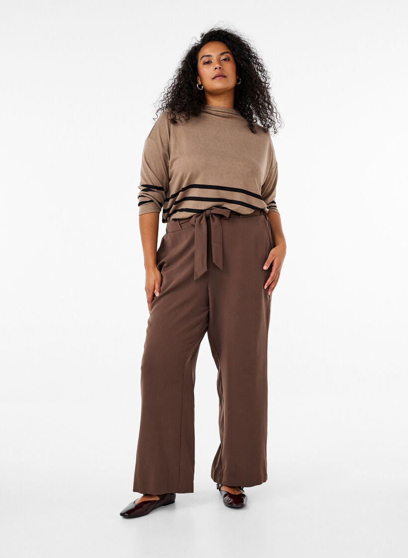 Luchtige broek met hoge taille en strikriem, Bruin, Model image number 0