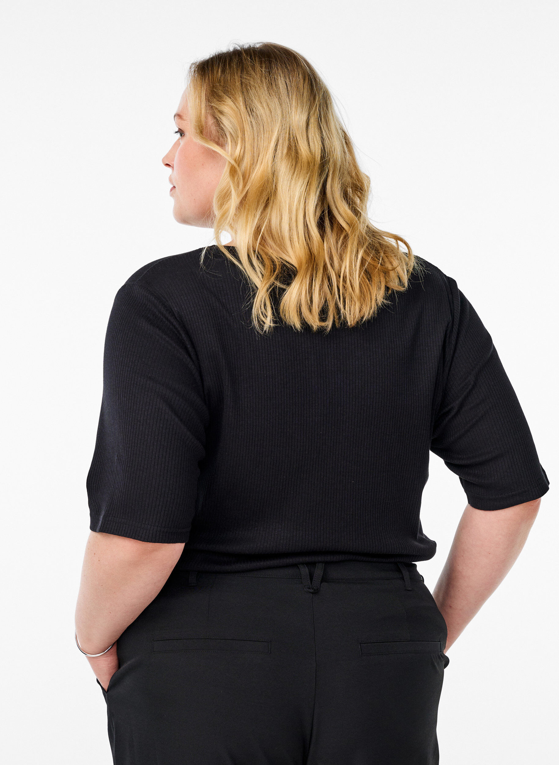 ZizziGeribde jersey blouse met korte mouwen, Zwart, Model image number 2