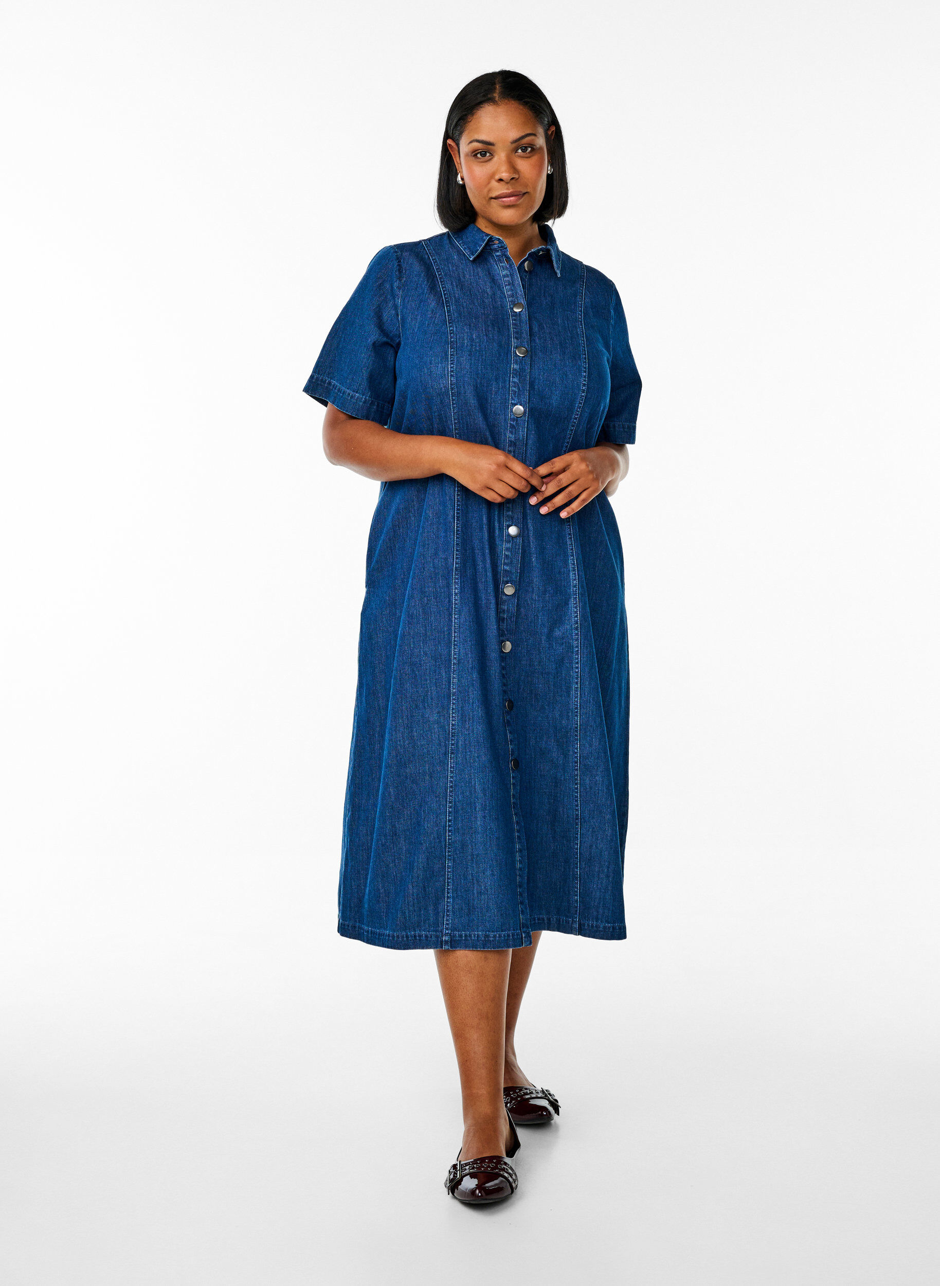 Halflange denim overhemdjurk, Blauw, Model