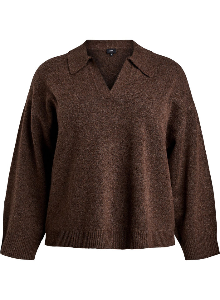 Gebreide blouse met kraag en V-hals, Rain Drum Mel., Packshot