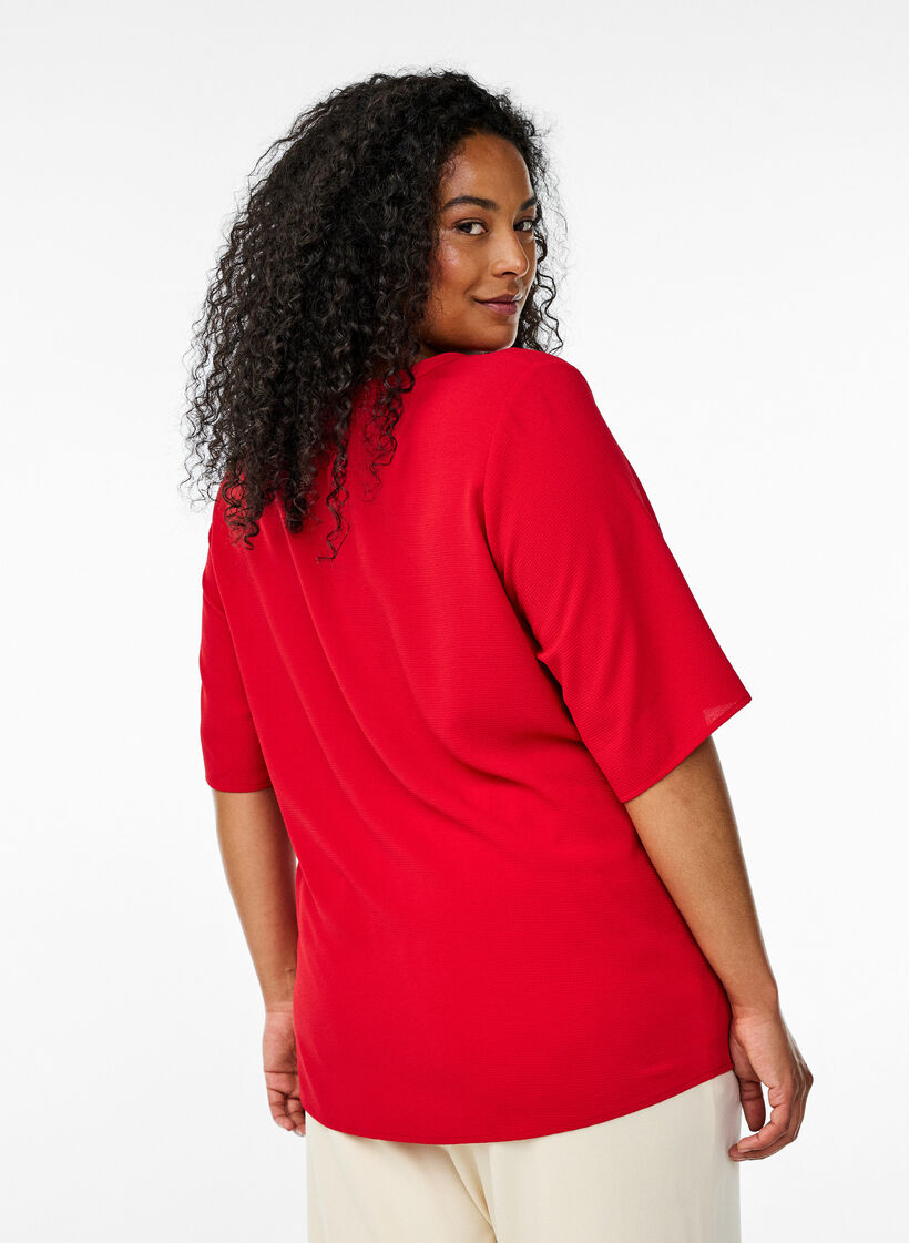 Blouse met korte mouwen en V-hals, Rood, Model image number 2
