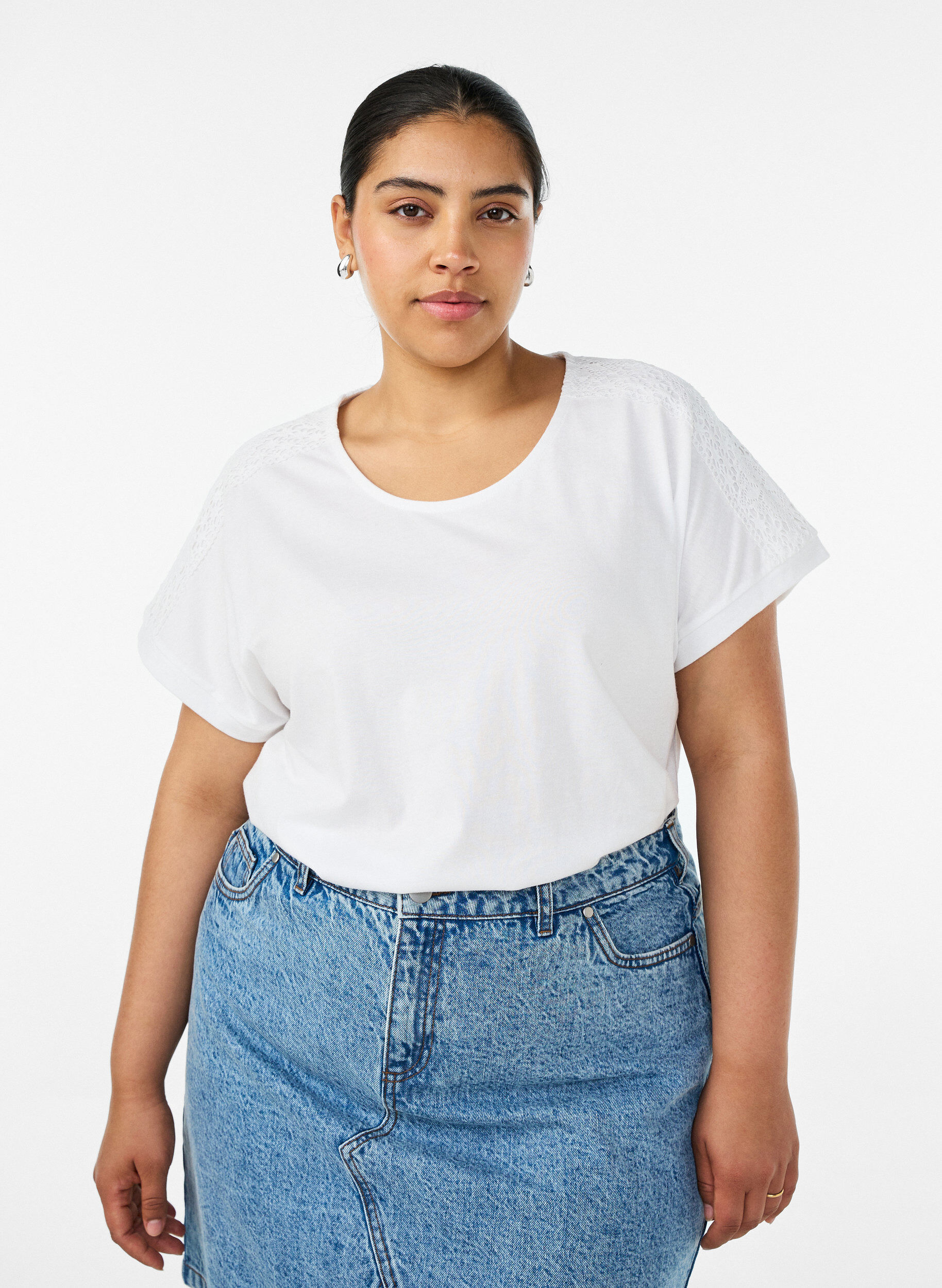 Katoenen T-shirt met haakdetail, Wit, Model