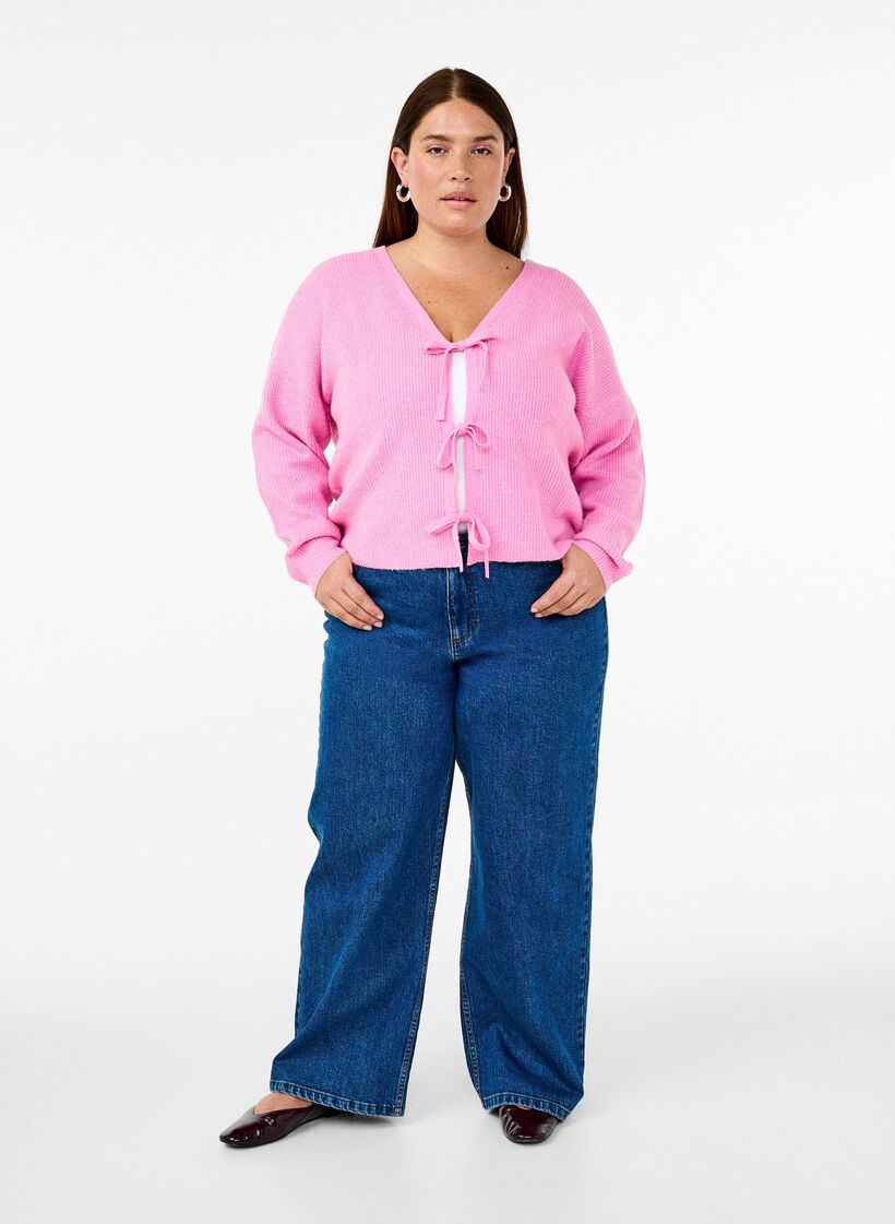 Gebreide cardigan met strikceintuur, Begonia Pink Mel., Model