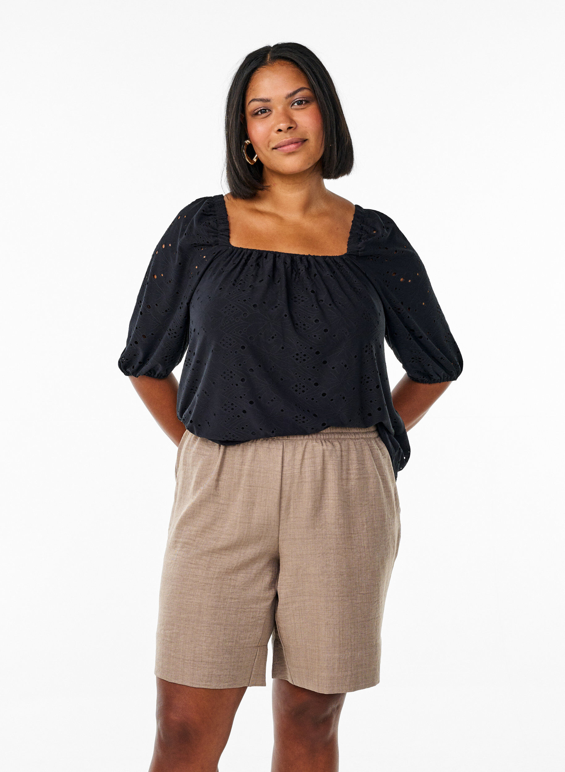 ZizziKorte broek met zakken en hoge taille, Bruin, Model image number 0