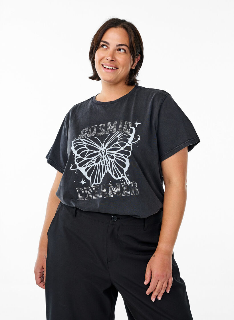 Biologisch katoenen T-shirt met strass en vlinder motief, Grijs, Model image number 0