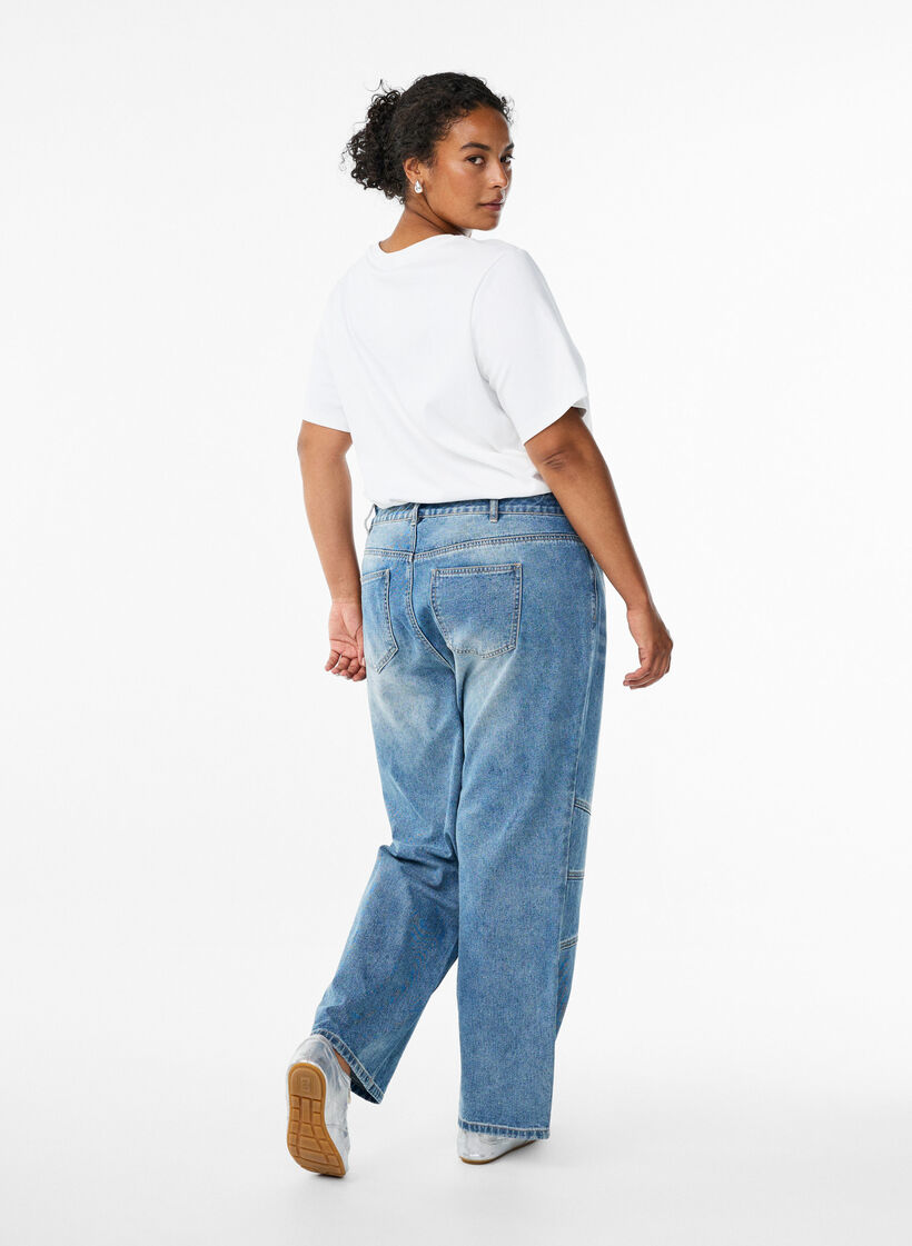 Jeans met rechte, wijde pijpen en stikdetails, Blue Denim, Model