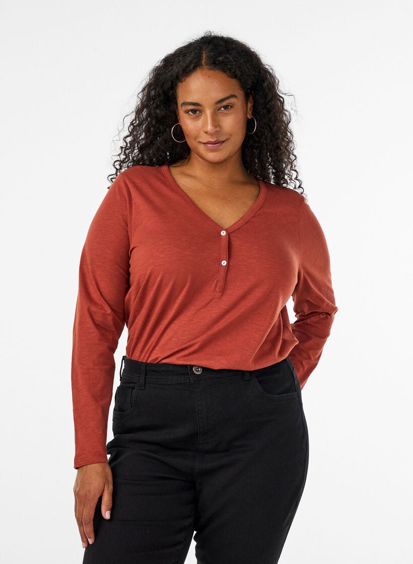 T-shirt met lange mouwen, V-hals en knopen, Bruin, Model image number 0