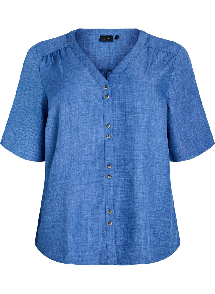 Overhemd blouse met V-hals en korte mouwen, Blauw, Packshot image number 0