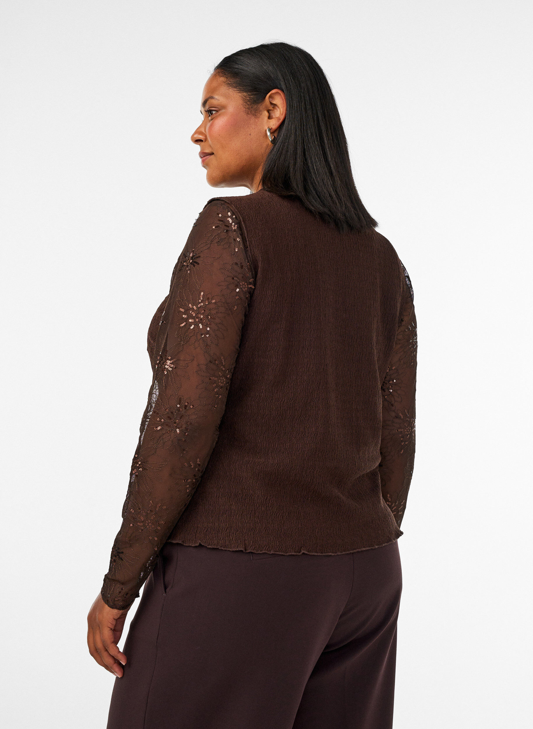 ZizziMesh blouse met bloemen en pailletten, Bruin, Model image number 2
