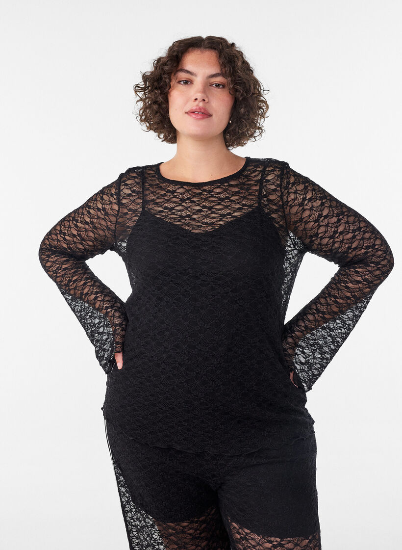 Blouse met lange mouwen van doorschijnend kant, Zwart, Model image number 0