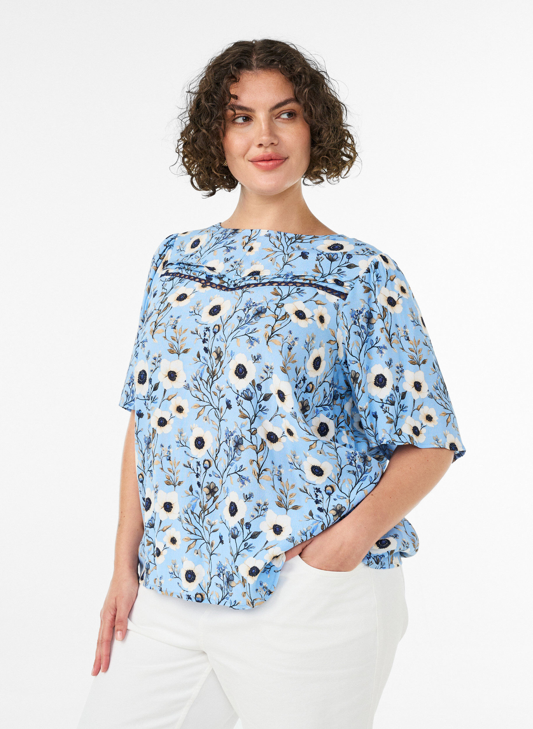 Bloemenblouse met korte mouwen, Blauw, Model