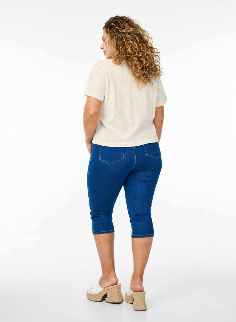 Denim capribroek met elastische tailleband, Dark Blue Denim, Model